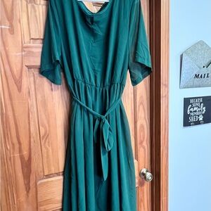 Brand New Dark Green A-Line Midi Dress with Dolman Sleeves & Tie at Waist